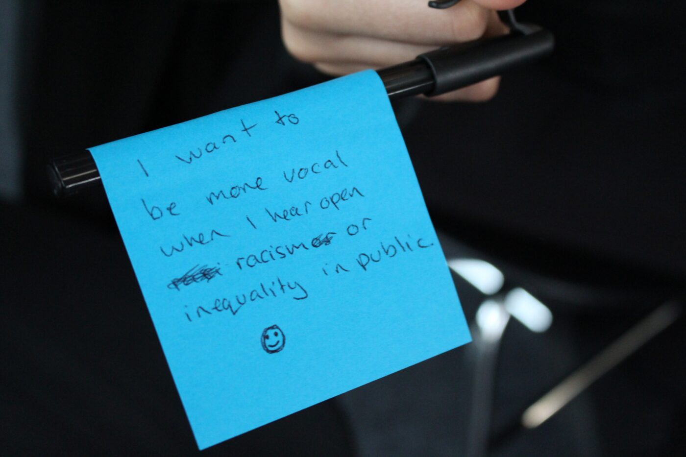 Written on a post-it note are the words I want to be more vocal when I hear open racism or inequality in public.