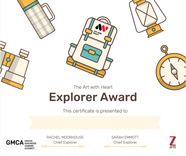A graphic that reads Art with Heart Explorer Award. There is a space to write the name of who the award is presented to.