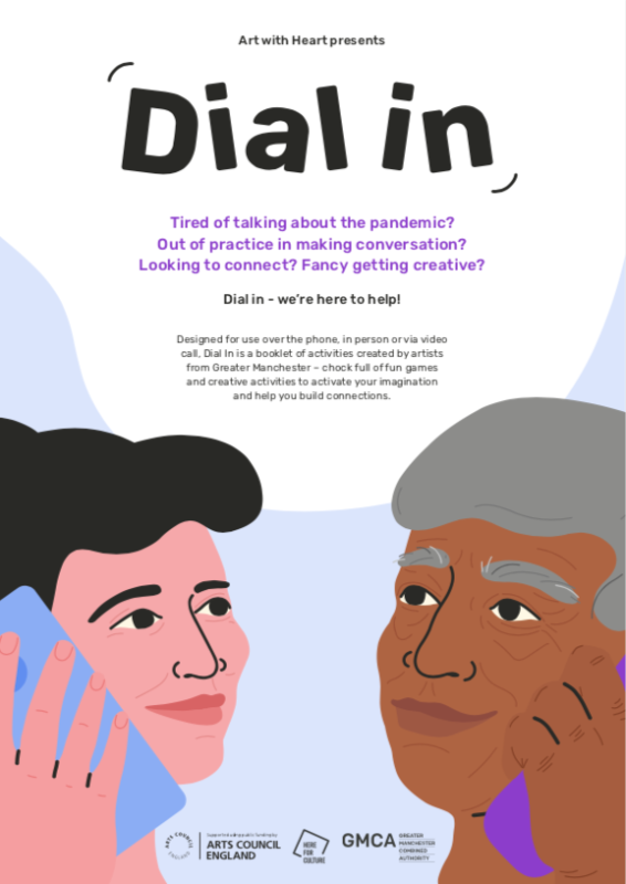 A graphic poster promoting our project Dial. There is written information and an illustration of two people talking on the phone.