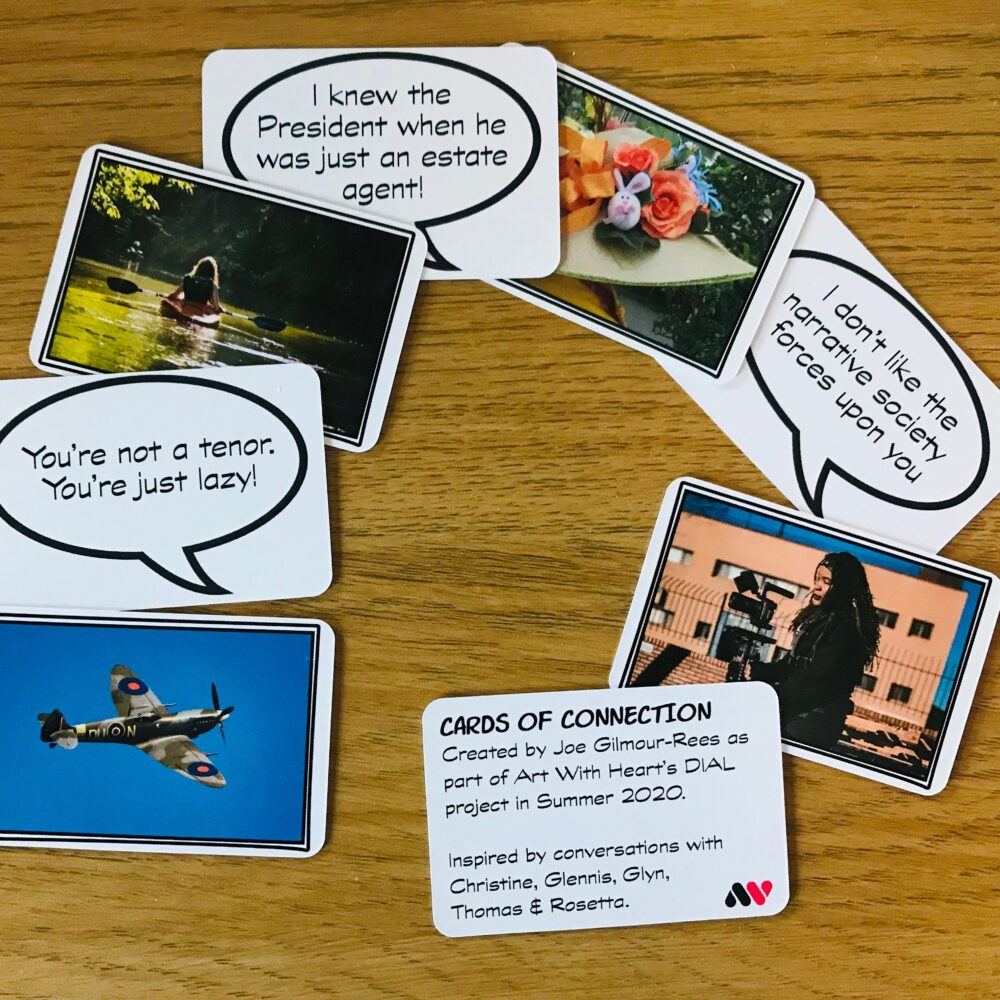 Joe's cards of connection, showing pictures and quotes that can be matches together to tell a story