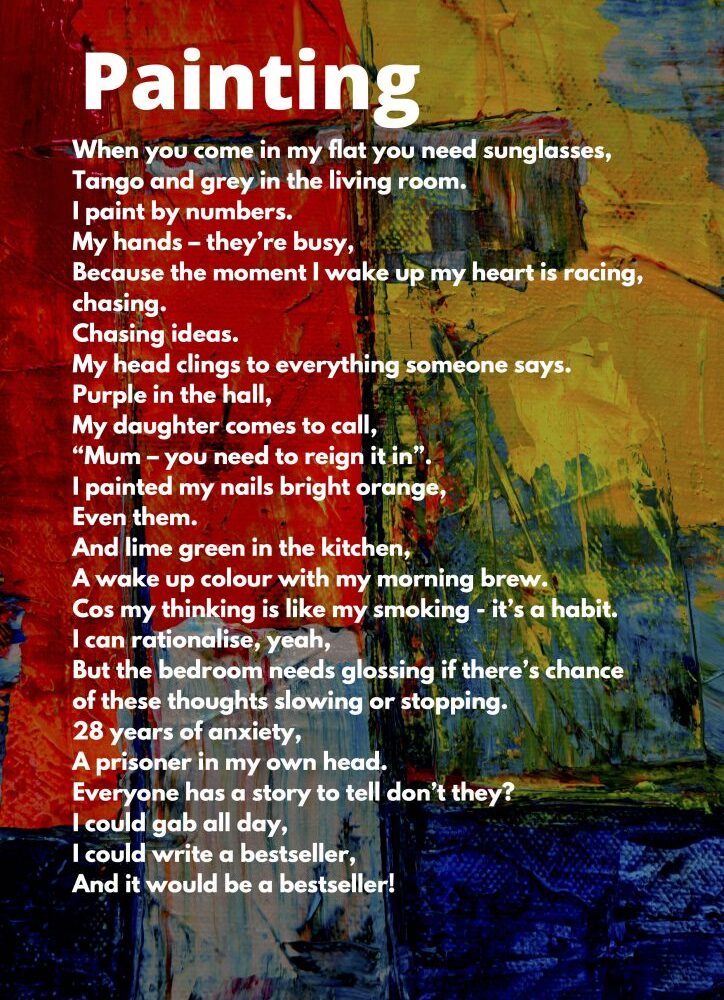 A graphic of a poem, with the title Painting. The background is an abstract design of red, blue and yellow block shapes.
