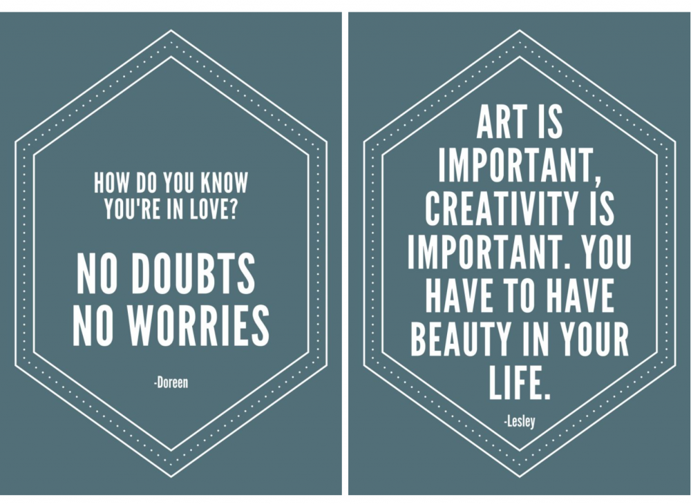 A graphic of two quotes, One reads How do you know you're in love? No doubts, no worries. The other reads Art is important, creativity is important. You have to have beauty in your life.