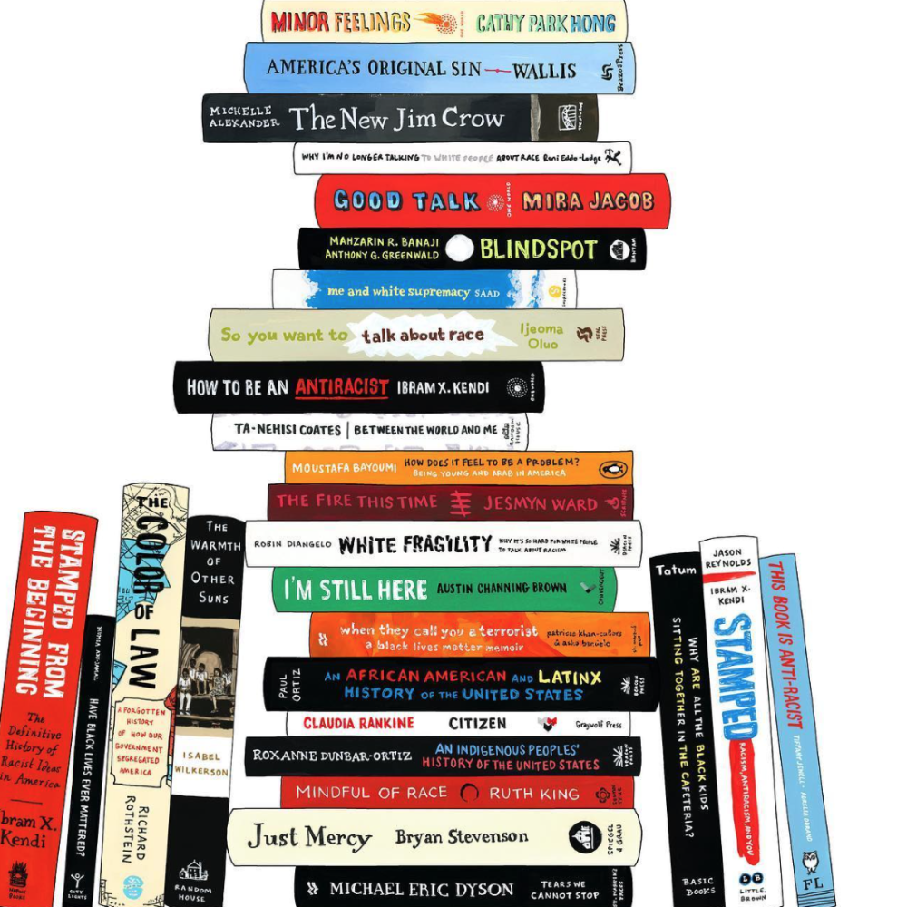 Image description: Pile of books creating a non-fiction anti-racist reading list. Image by Jane Mount .