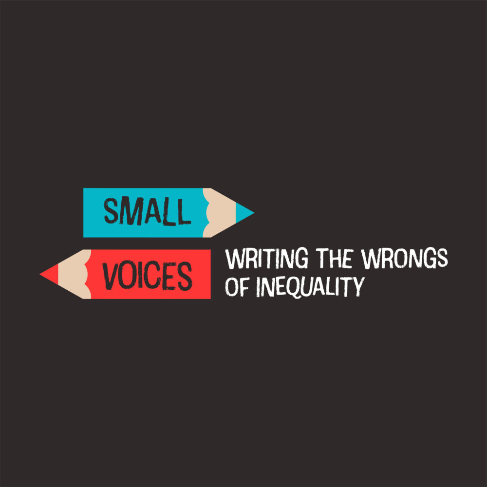 ‘Small Voices’ is written on two illustrated pencils next to the line ‘writing the wrongs of inequality’.