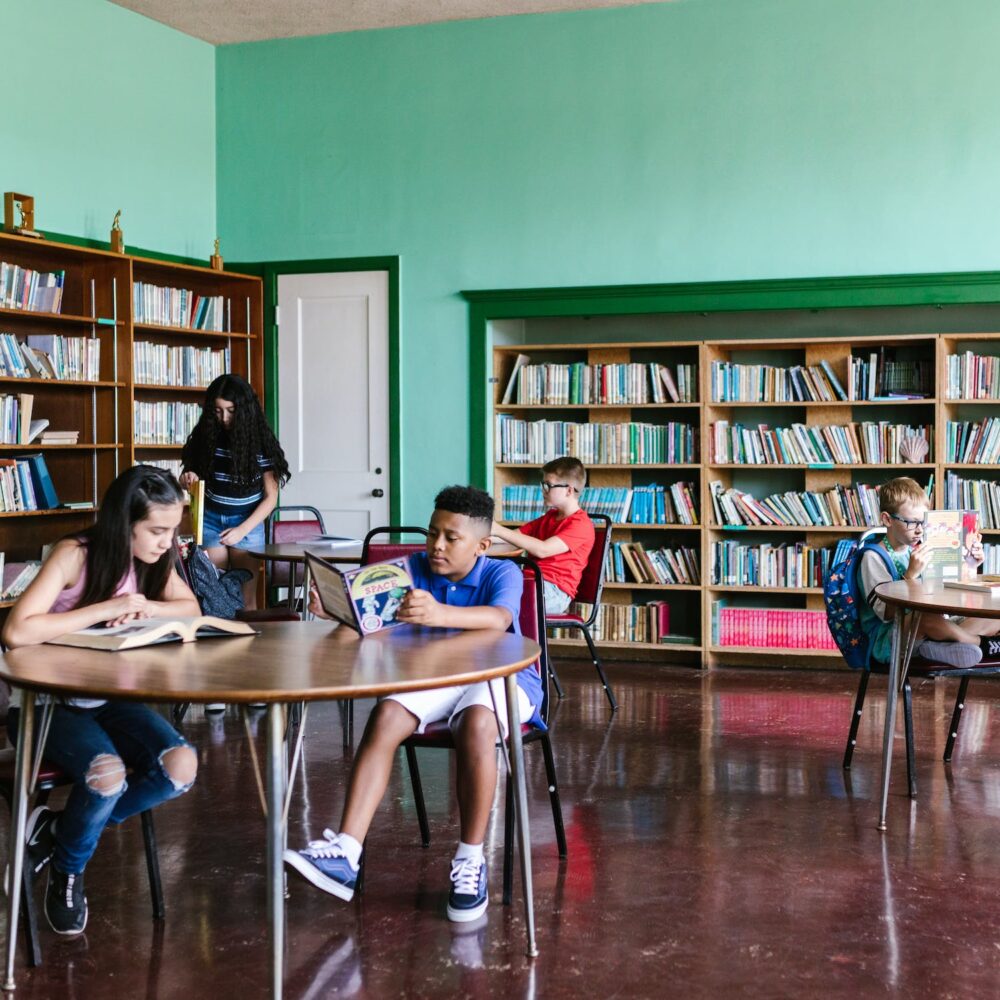 Children read in a school library.