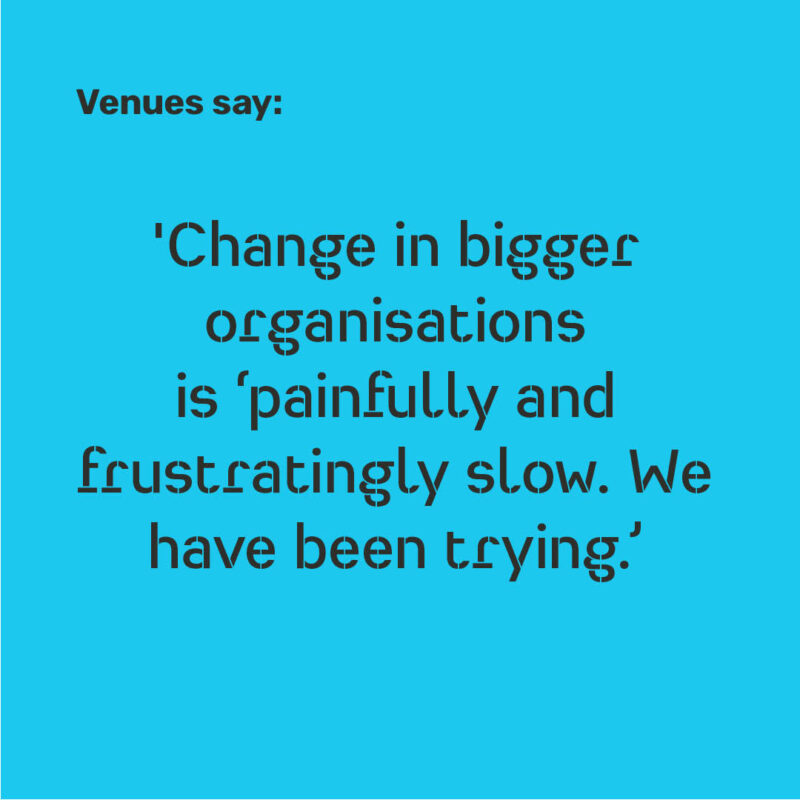 venues say 'change in bigger organisations is painfully and frustratingly slow. We have been trying'