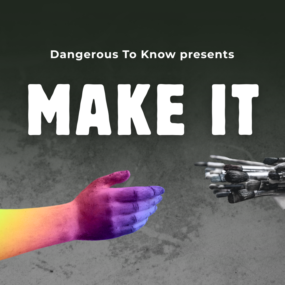 A sculpted hand reaches for a handshaped set of brushes above it the words Make It