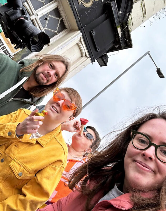 Meg, Rach, Sarah and Sam during a film shoot