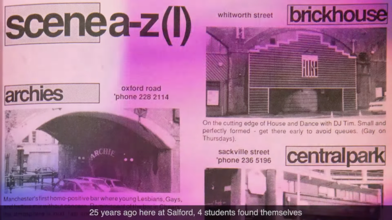 A still from The Pink Guide documentary with an image of a page of the guide, with the title scene a-z (I) and descriptions of queer culture in 1990s Manchester.