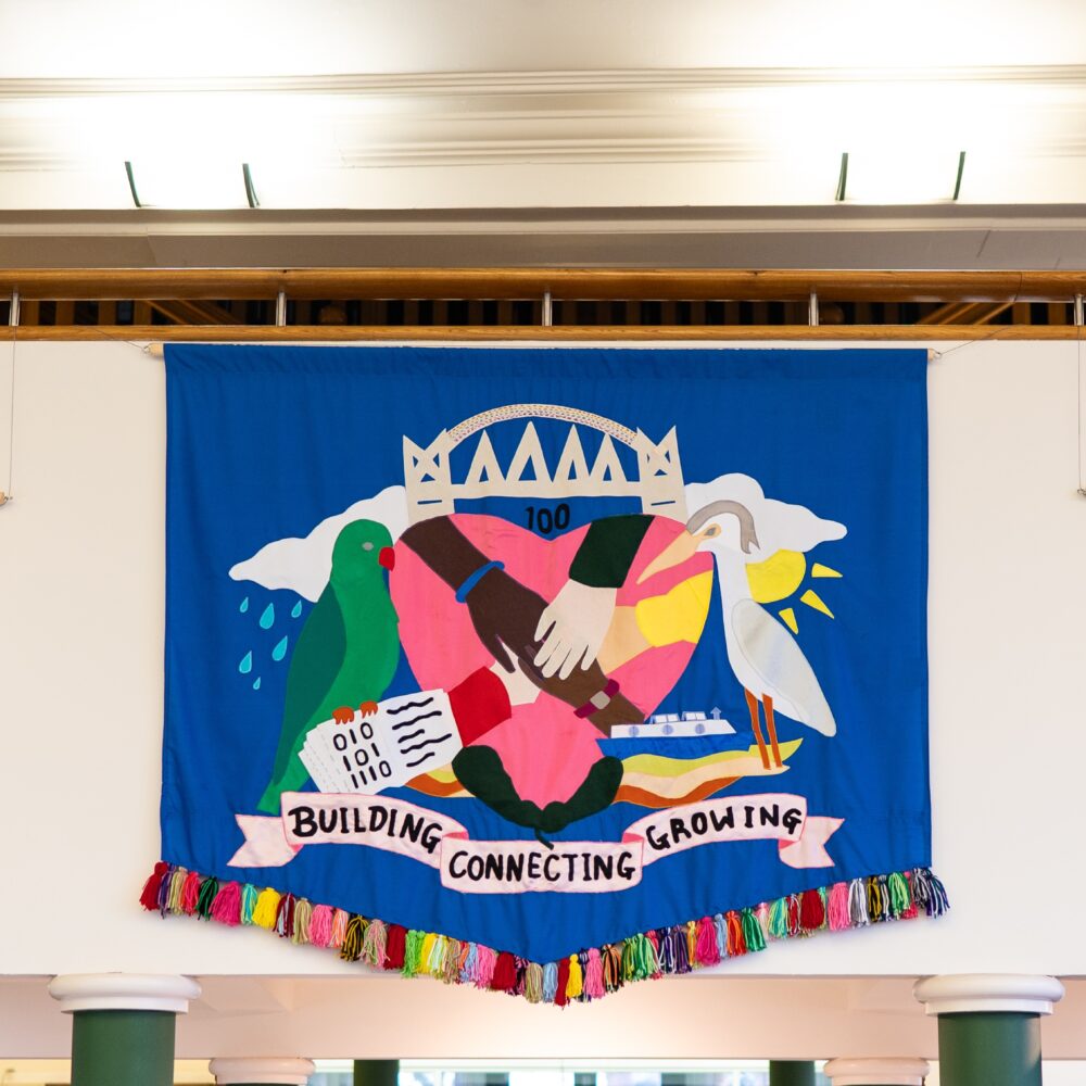 Banners on display in Salford museum.