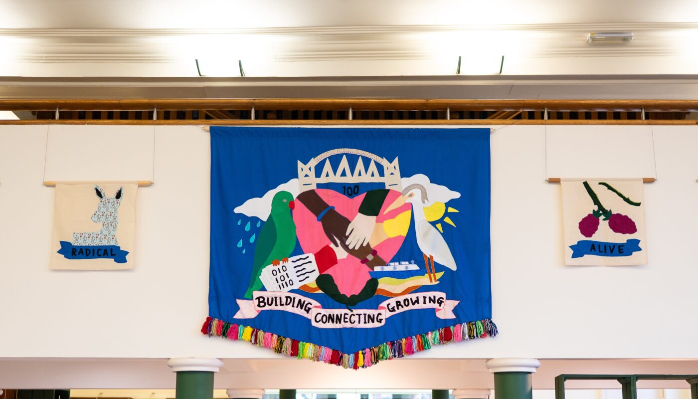 Banners on display in Salford museum.