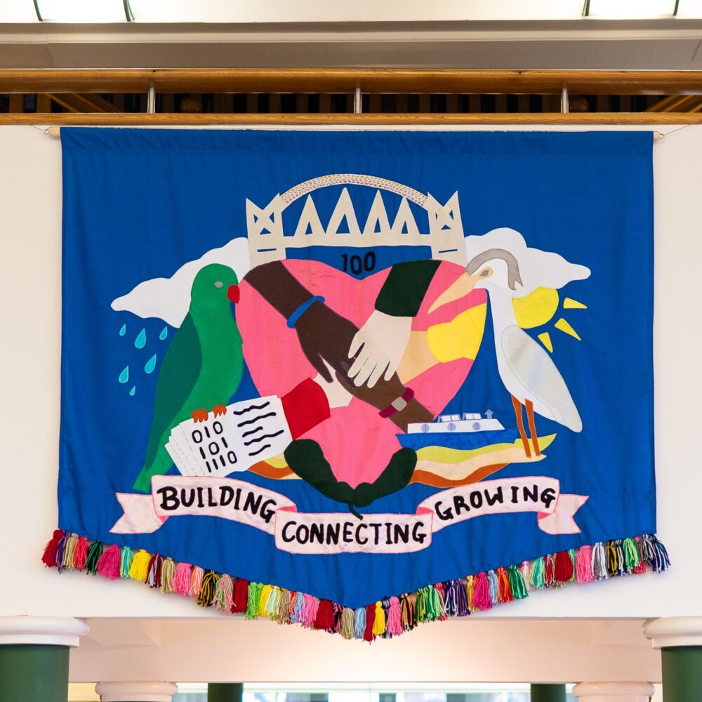 Banners on display in Salford museum.