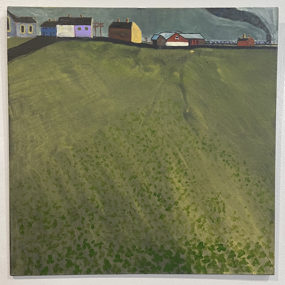 Artwork featuring a field with a row of houses at the top of it.