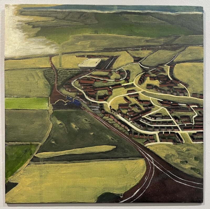 Artwork featuring a birdseye view of fields and houses.