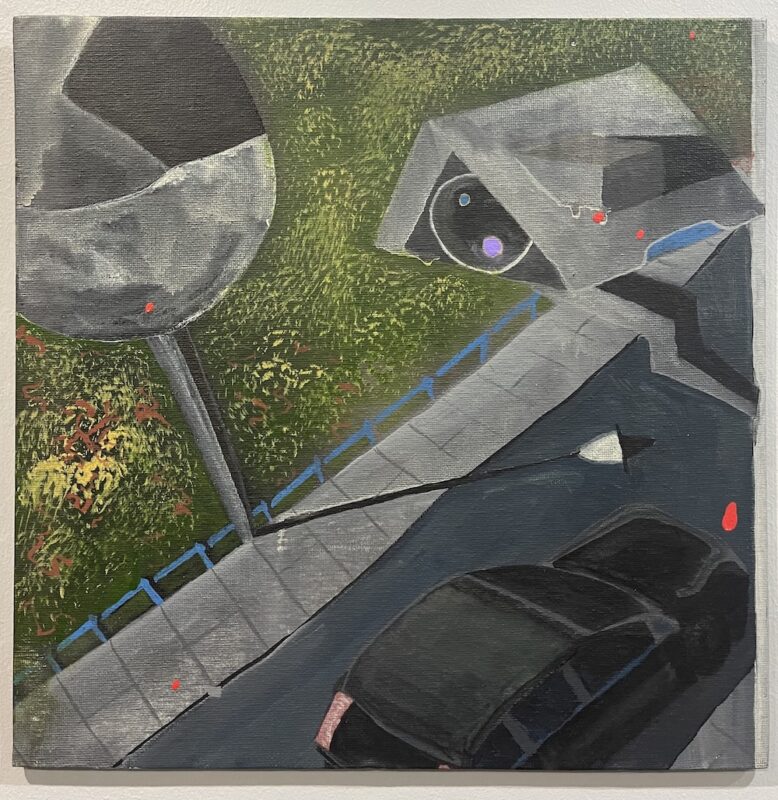 Artwork of a street with a car and street lamp on it.