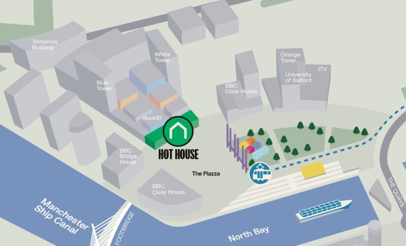 Map of Media City locating Hot House as the big glass building just off the piazza