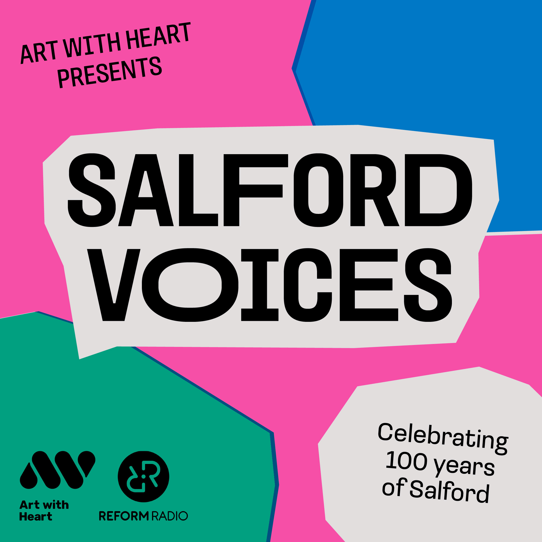A colourful graphic promoting the Salford Voices podcast, celebrating 100 years of Salford.