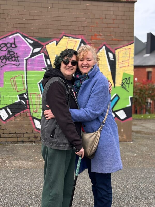 Ash and Mum Lesley filming for The Salford Way film.