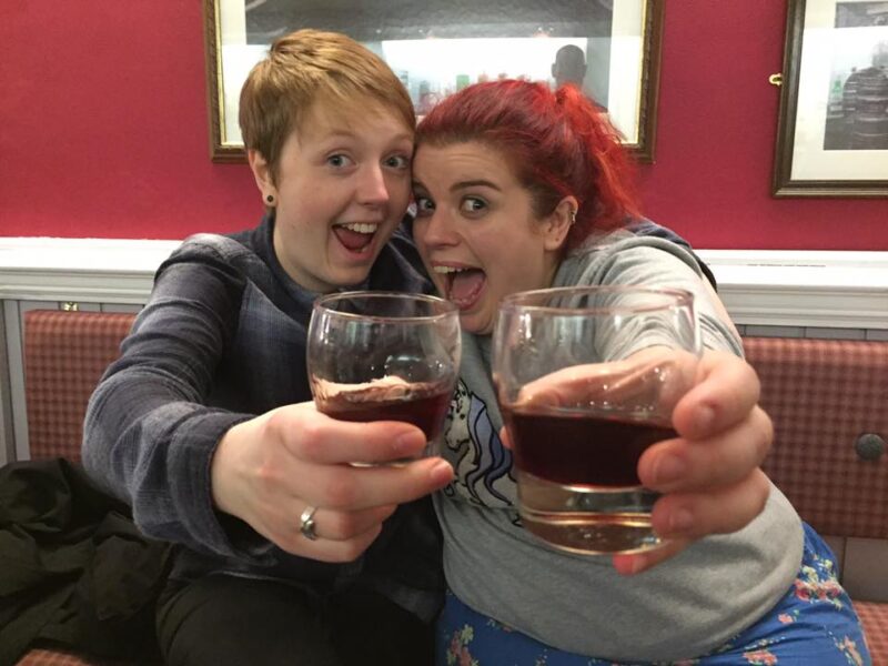 Rachel and Sarah raise a glass at the Old Well Inn after a performance at The Witham in Barnard Castle. 